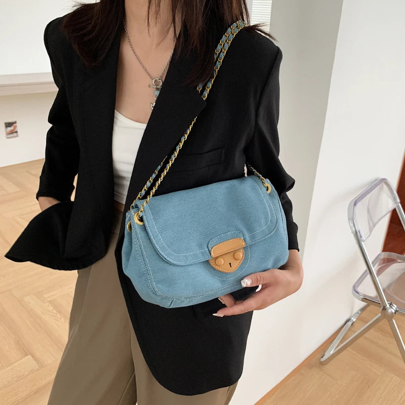 Vintage Denim Shoulder Bag Crossbody Chain Handbag Flap Messenger Solid Sac