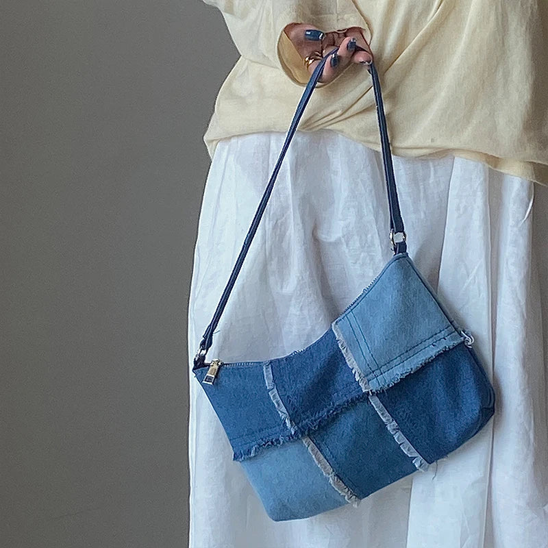 Vintage Denim Stitching Women Underarm Bag Retro Female Armpit Bag