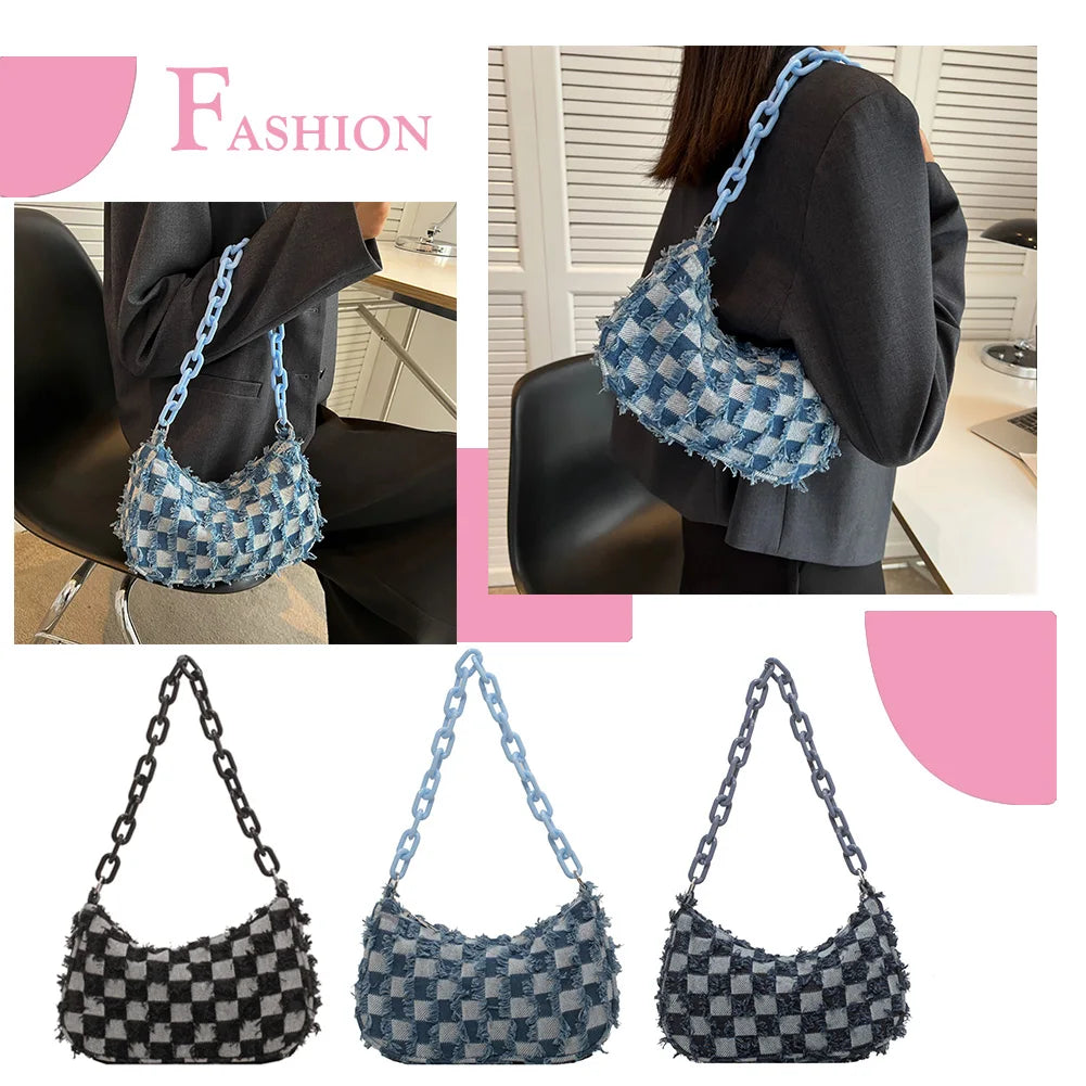 Vintage Denim Women Shoulder Bags with Acrylic Chain