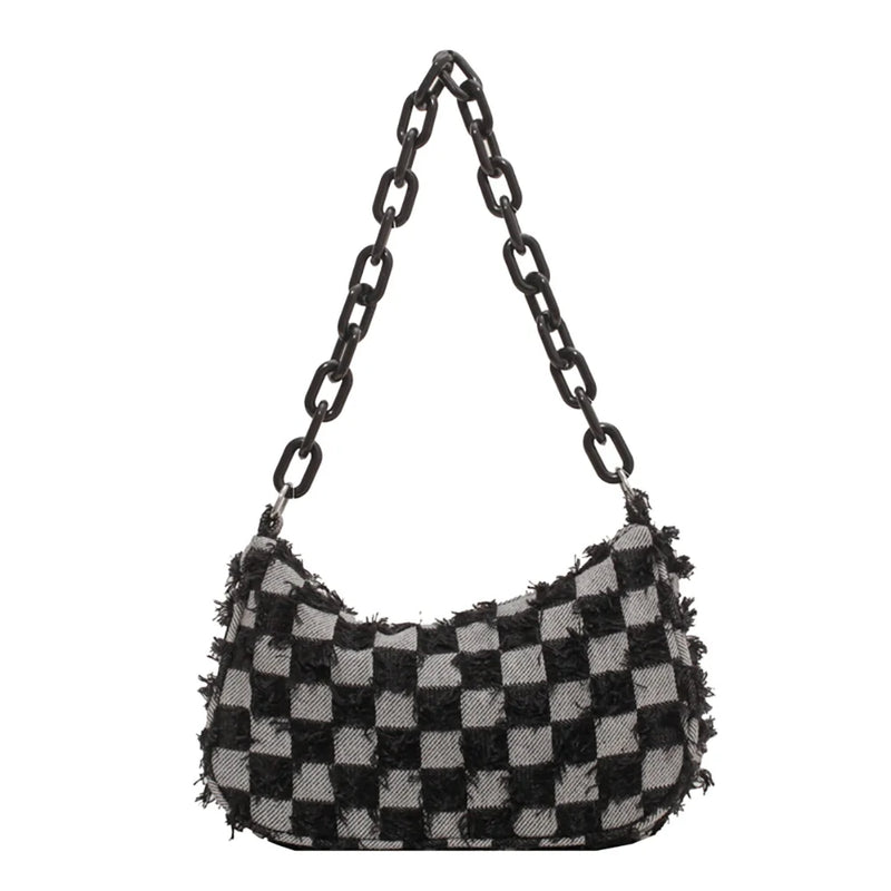 Vintage Denim Women Shoulder Bag with Acrylic Chain