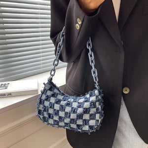 Vintage Denim Women Shoulder Bag with Acrylic Chain
