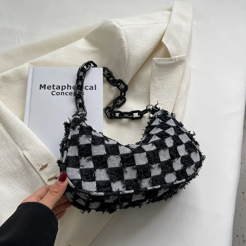 Vintage Small Shoulder Bag Checked Handbag Tote Acrylic Chain Underarm Bag