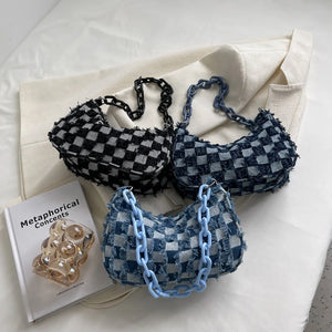 Vintage Denim Small Shoulder Bag Acrylic Chain Underarm Purse