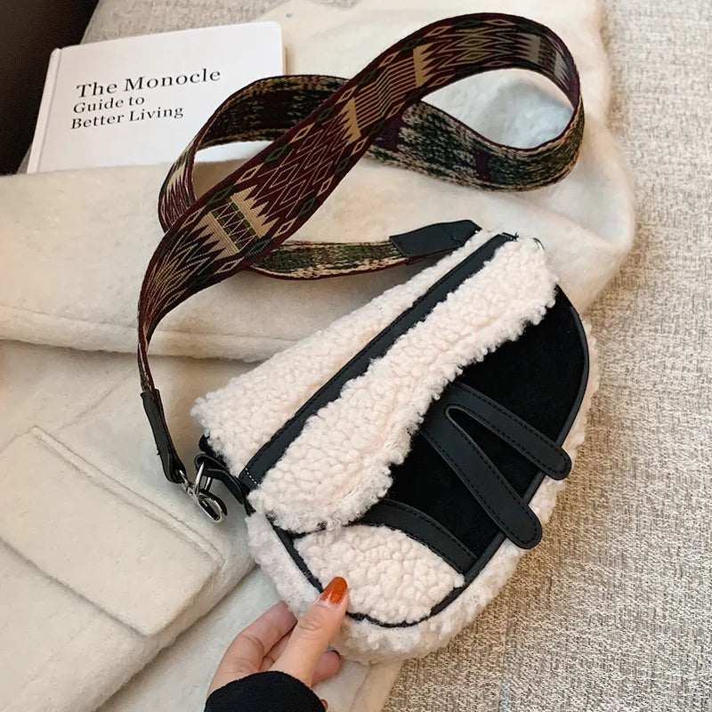 Vintage Cashmere Saddle Handbag Women Shoulder Crossbody Bag