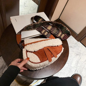 Vintage Cashmere Saddle Handbag Women Shoulder Crossbody Bag