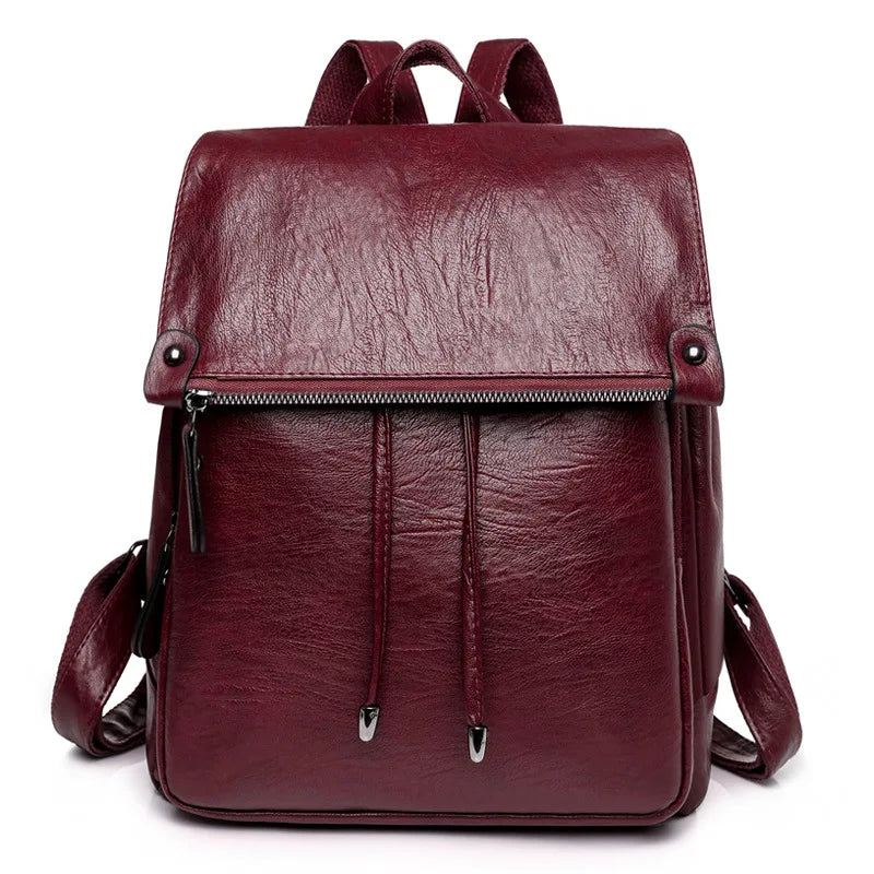 Vintage Drawstring Women Backpack Casual Student School Bag PU Leather Travel Ru