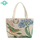 Vintage Embroidery Canvas Tote Bag Women Flower Large Capacity Shoulder Bag