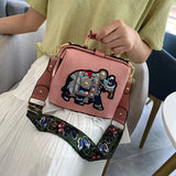 Vintage Embroidery Elephant Bag Wide Strap PU Leather Women Shoulder Bag