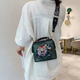 Vintage Embroidery Elephant Bag Wide Strap PU Leather Women Shoulder Bag