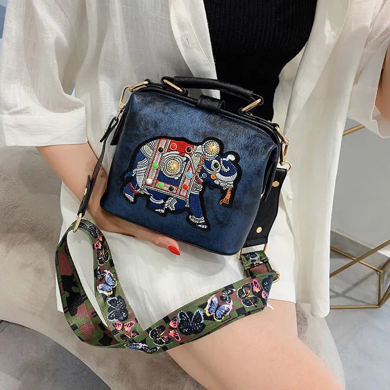 Vintage Embroidery Elephant Tote Bag Wide Strap Leather Women Shoulder Crossbody