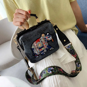 Vintage Embroidery Elephant Shoulder Bag Wide Butterfly Strap PU Leather Tote