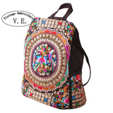 Ethnic Flower Embroidered Canvas Backpack for Women