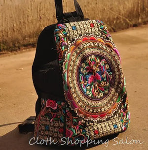 Ethnic Flower Embroidered Canvas Backpack for Women