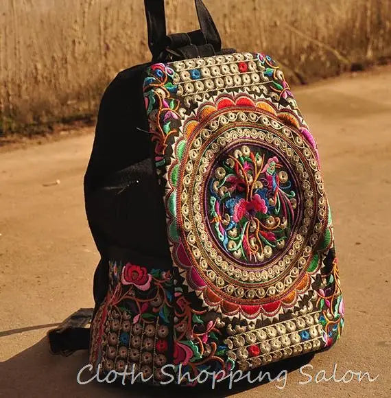Ethnic Flower Embroidered Canvas Backpack for Women