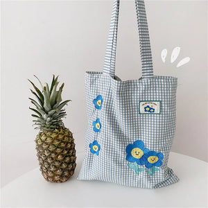 Vintage Embroidery Plaid Women Large Shoulder Bag Girly Flower Purse Handbags