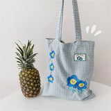 Vintage Embroidery Plaid Women Large Shoulder Bag Girly Flower Purse Handbags