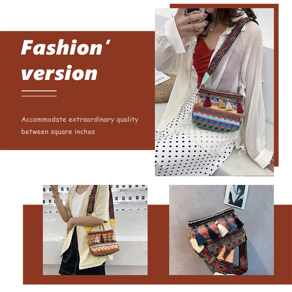 Vintage Ethnic Bucket Shoulder Bag Women Tassel Travel Crossbody Handbag
