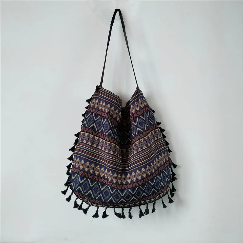 Vintage Ethnic Style Shoulder Bag Tassel Handbag No Lining Inner Pocket
