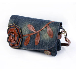 Vintage Leather Flower Denim Jeans Shoulder Bags Girls Handbags Crossbody Bag