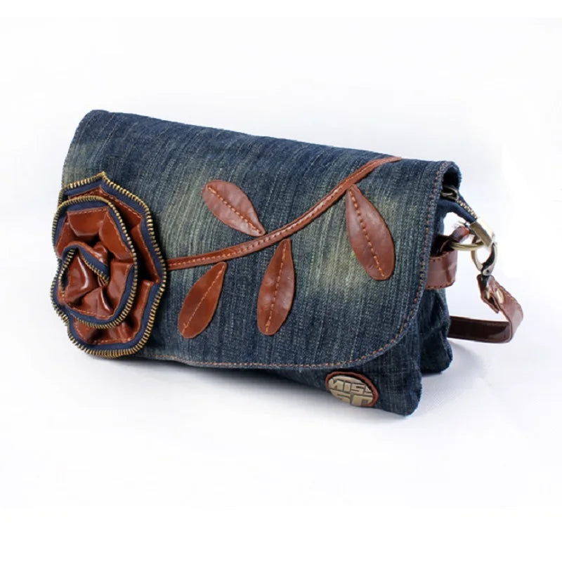 Vintage Leather Flower Denim Jeans Shoulder Bags Girls Handbags Crossbody Bag