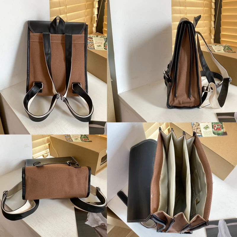 Vintage Pu Leather Backpack Women Canvas School Bag For Girls