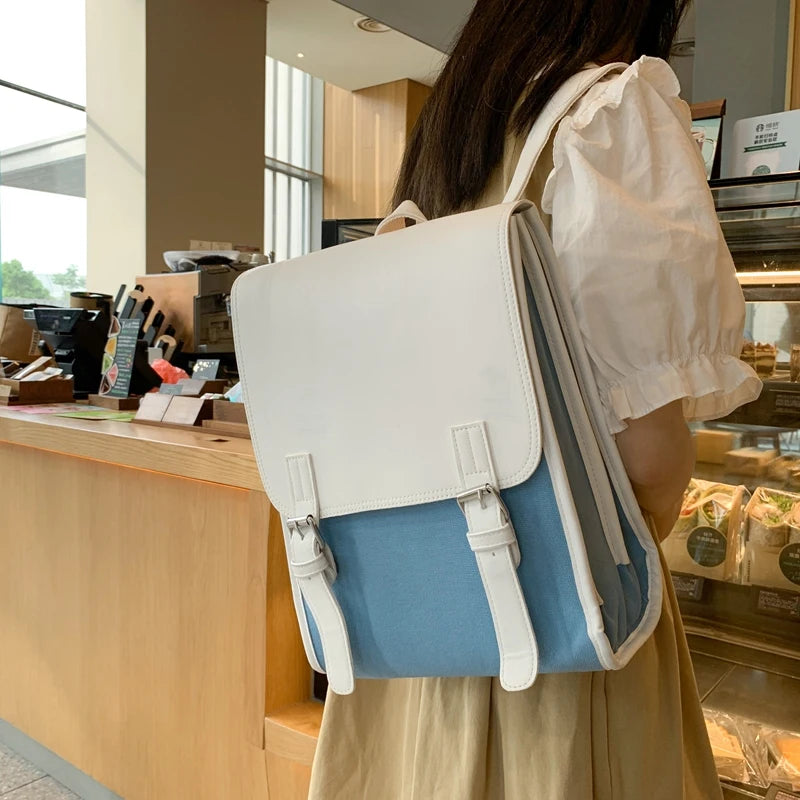 Vintage Pu Leather Backpack Women Canvas School Bag For Girls