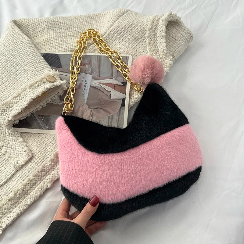 Vintage Faux Fur Chain Hobo Shoulder Crossbody Bag