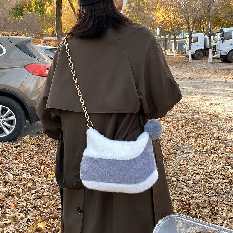 Vintage Faux Fur Chain Hobo Shoulder Crossbody Bag