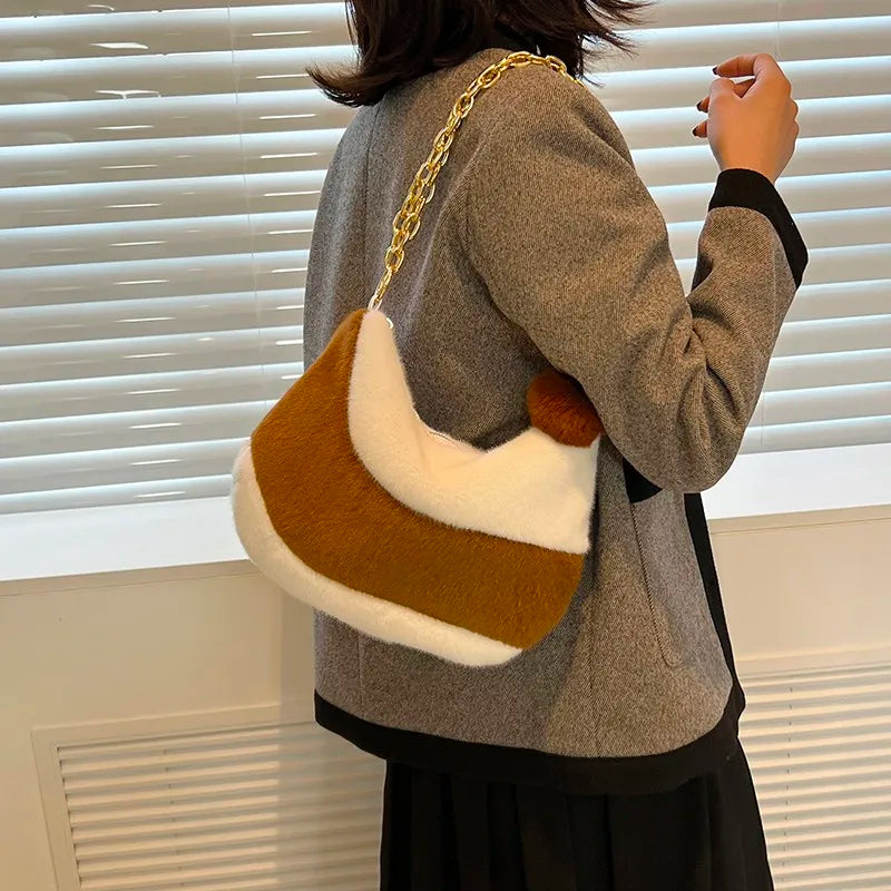 Vintage Faux Fur Chain Hobo Shoulder Crossbody Bag