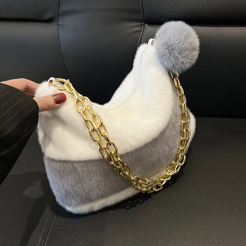 Vintage Faux Fur Chain Hobo Shoulder Crossbody Bag