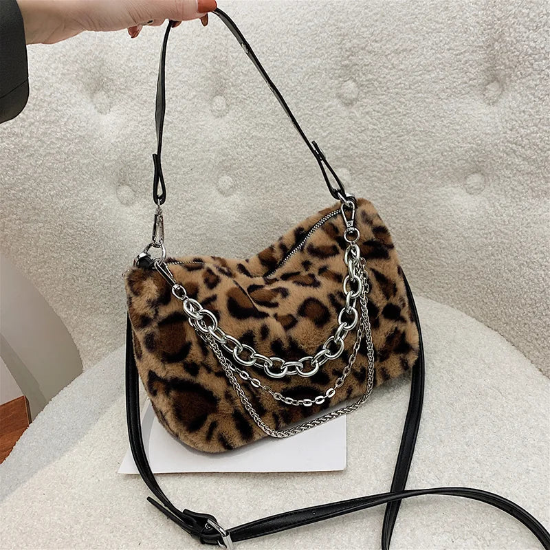 Vintage Faux Fur Leopard Women Shoulder Crossbody Bags