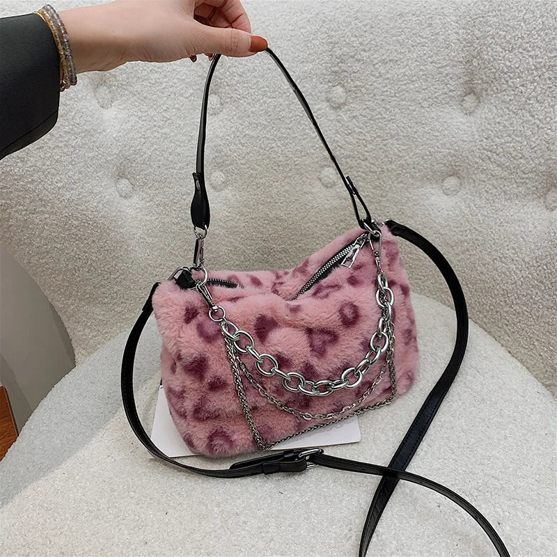 Vintage Faux Fur Leopard Women Shoulder Crossbody Bags