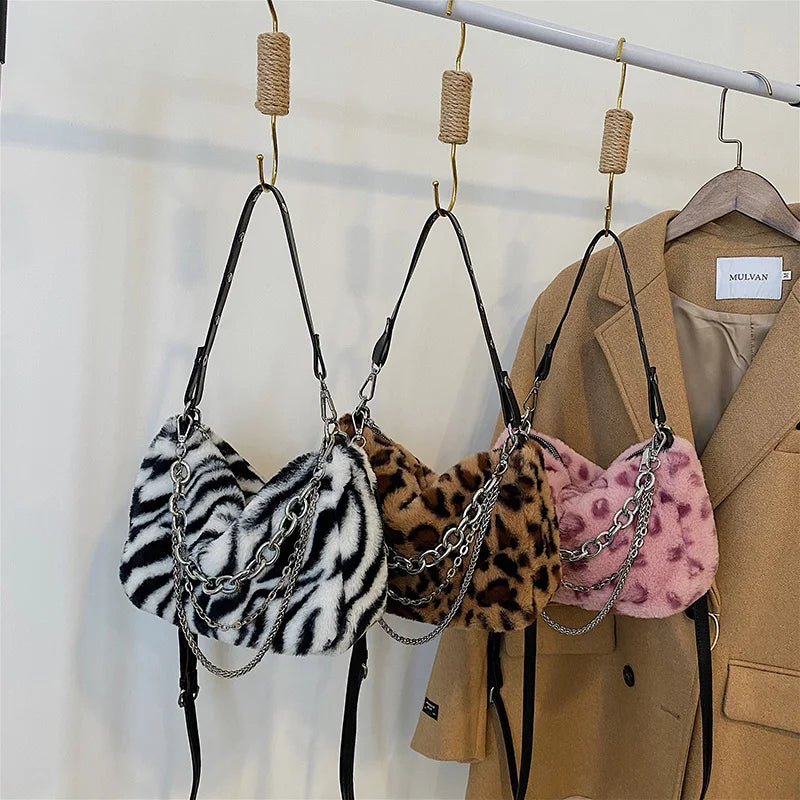 Vintage Faux Fur Leopard Women Shoulder Crossbody Bags