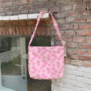 Vintage Floral Crossbody Bag Pink Pleated Shoulder Tote Handbag
