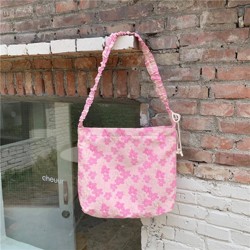 Vintage Floral Crossbody Bag Pink Pleated Shoulder Tote Handbag