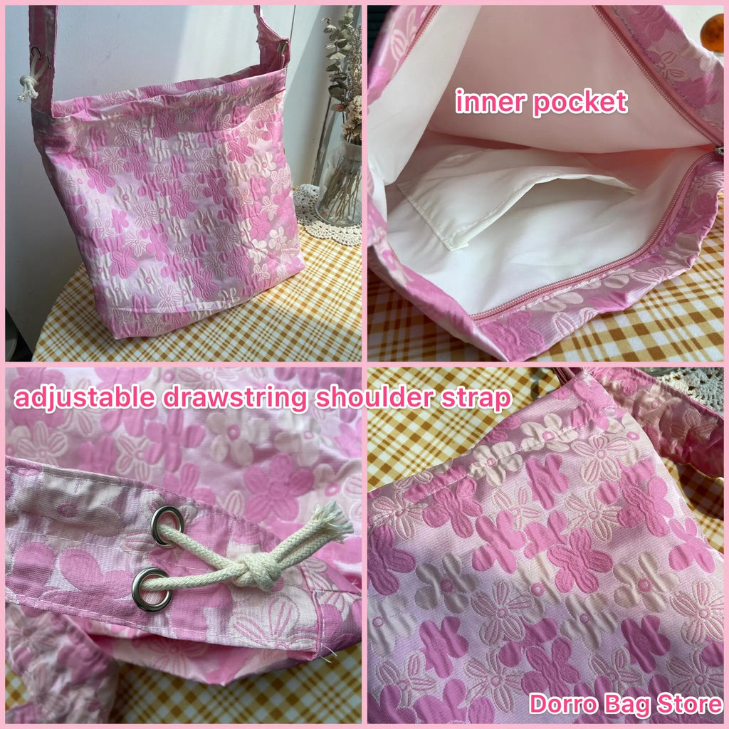 Vintage Floral Crossbody Bag Pink Pleated Shoulder Tote Handbag