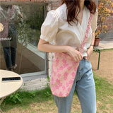 Vintage Floral Crossbody Bag Pink Pleated Shoulder Tote Handbag