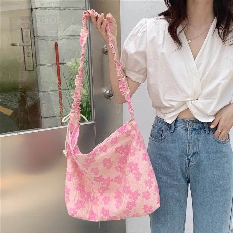 Vintage Floral Crossbody Bag Pink Pleated Shoulder Tote Handbag