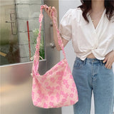 Vintage Floral Crossbody Bag Pink Pleated Shoulder Tote Handbag