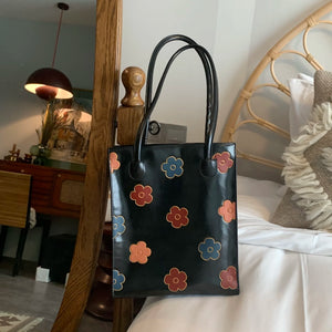 Vintage Floral PU Leather Women Shoulder Bag Flower Student Girls Book Handbags