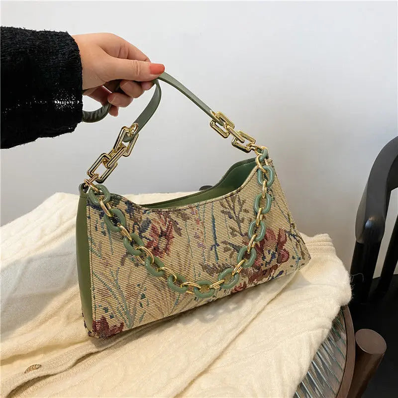 Vintage Floral Shoulder Bags Texture Chain Handbags Ladies All-match Canvas Bag
