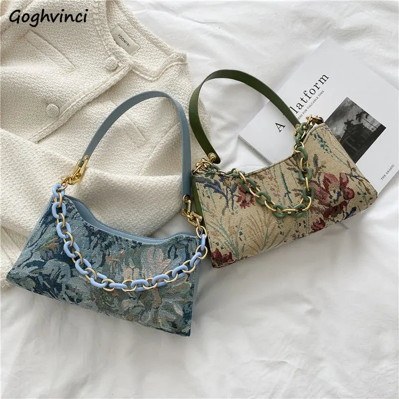 Vintage Floral Shoulder Bags Texture Chain Handbags Ladies All-match Canvas Bag