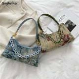 Vintage Floral Shoulder Bags Texture Chain Handbags Ladies All-match Canvas Bag