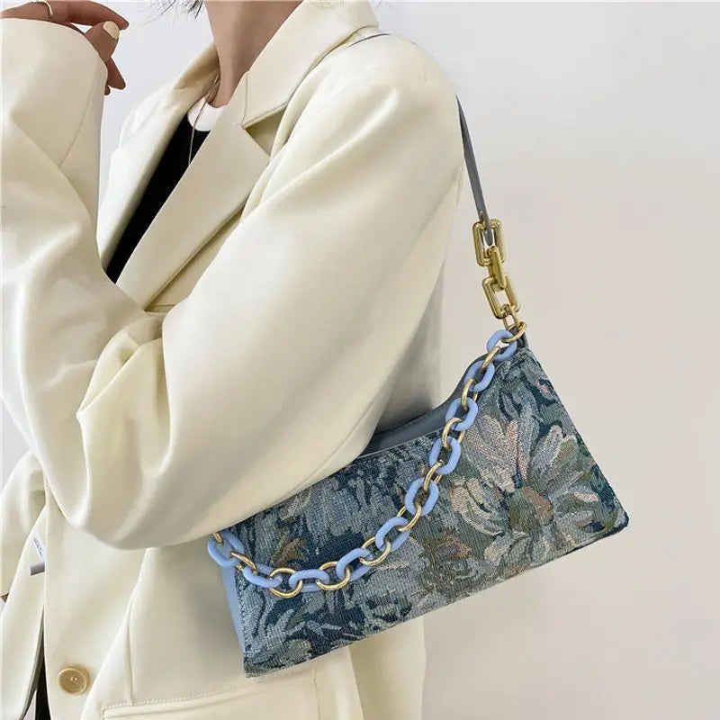 Vintage Floral Shoulder Bags Texture Chain Handbags Ladies All-match Canvas Bag