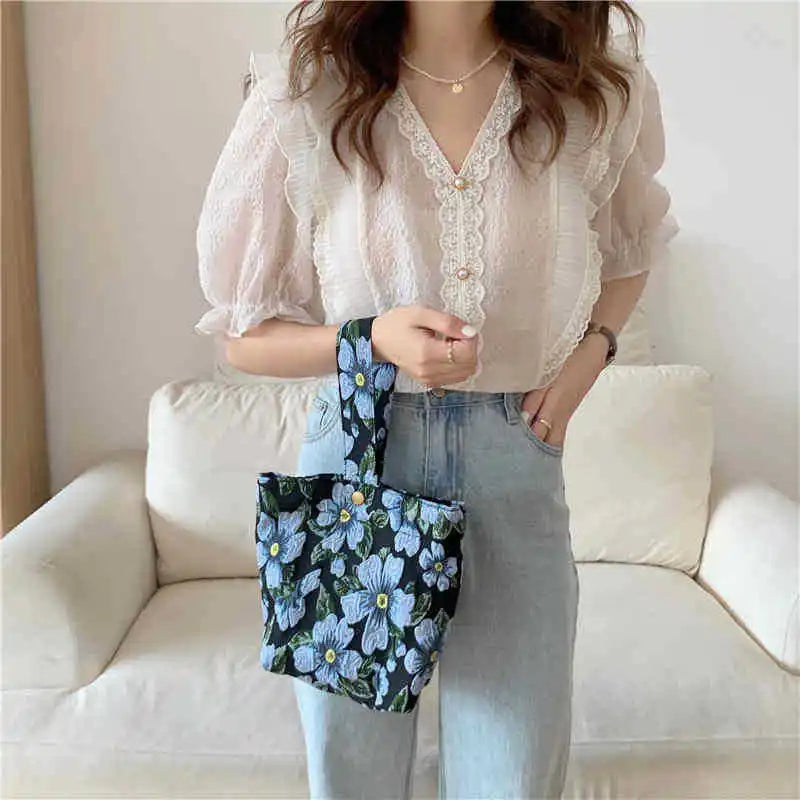Vintage Floral Small Shoulder Bag Jacquard Fabric Ladies Handbag