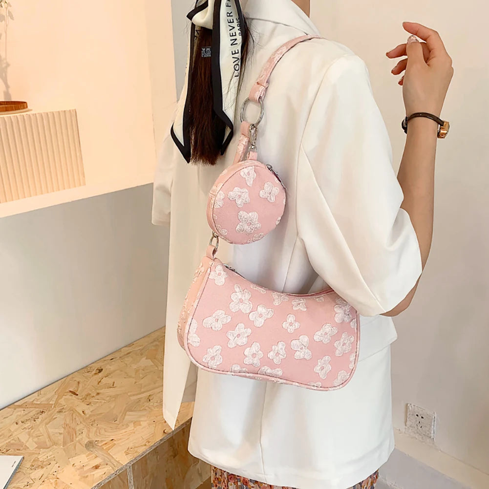 Vintage Flower Print Shoulder Crossbody Bag with Mini Round Purse Pendant