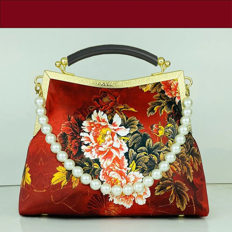 Vintage Flowers Beads Tassel Bag Chain Shoulder Crossbody Bag