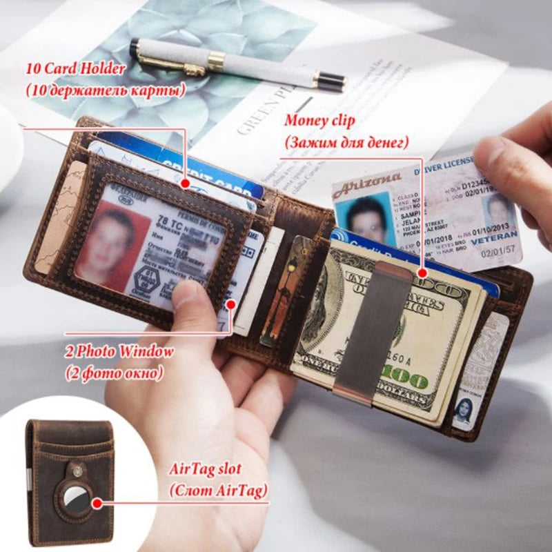 Vintage Leather AirTag Money Clip Wallet RFID Blocking Credit Card Bifold Wallet
