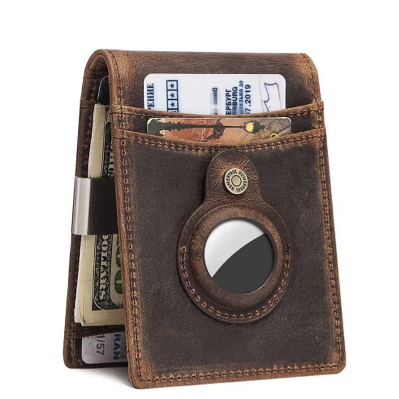 Vintage Leather AirTag Money Clip Wallet RFID Blocking Credit Card Bifold Wallet