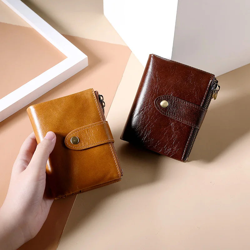 Vintage Oil Wax Leather Men Wallets Slim Clutch Short Double